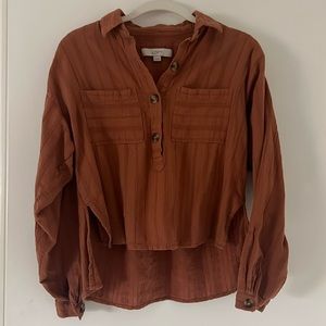 Loft Brown Long Sleeve 100% Cotton Button Down Hi-Low Blouse Size XXS